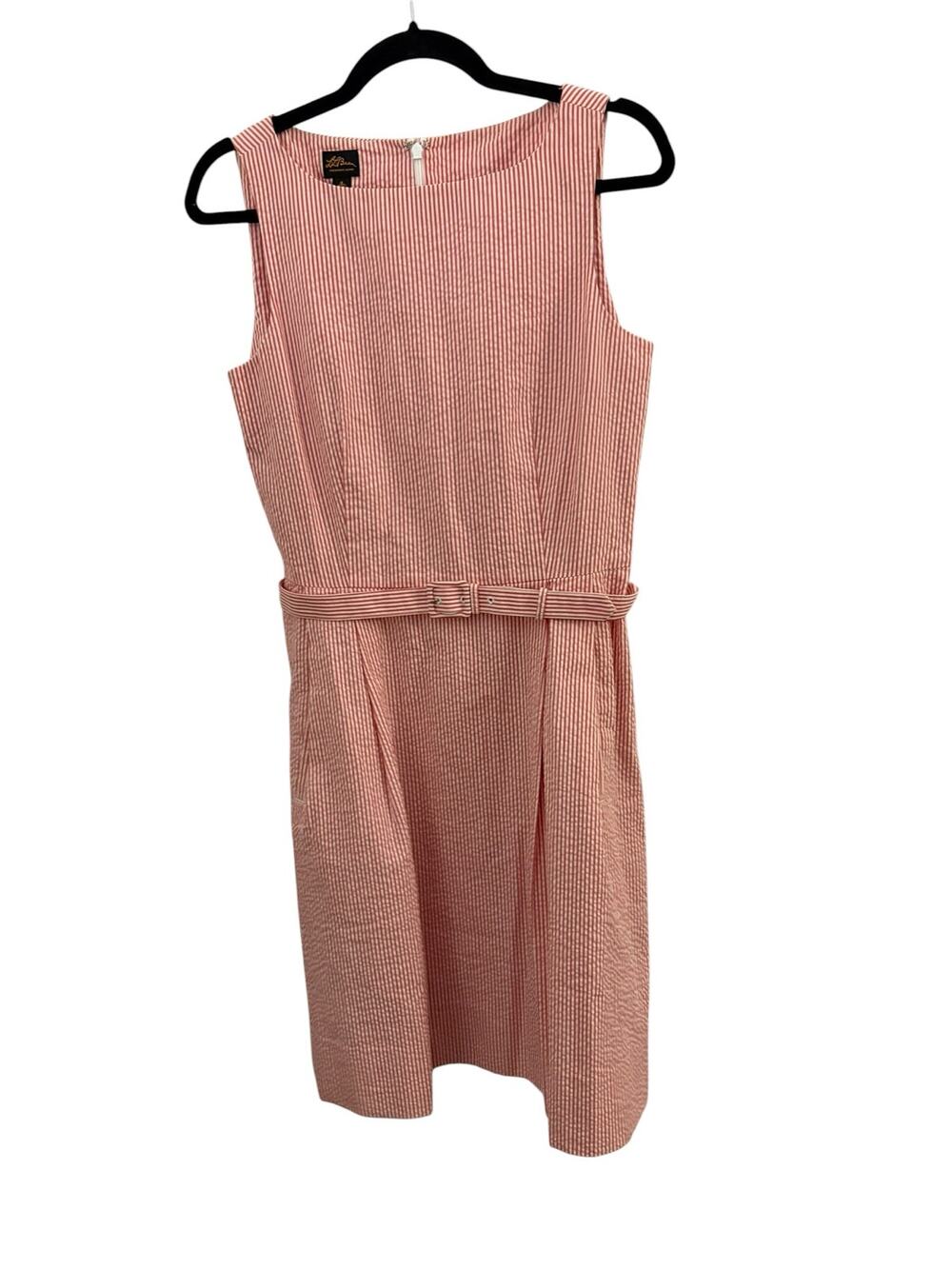 LL Bean Red & White Seersucker Dress 6 Sleeveless Summer Classic Simple Belted